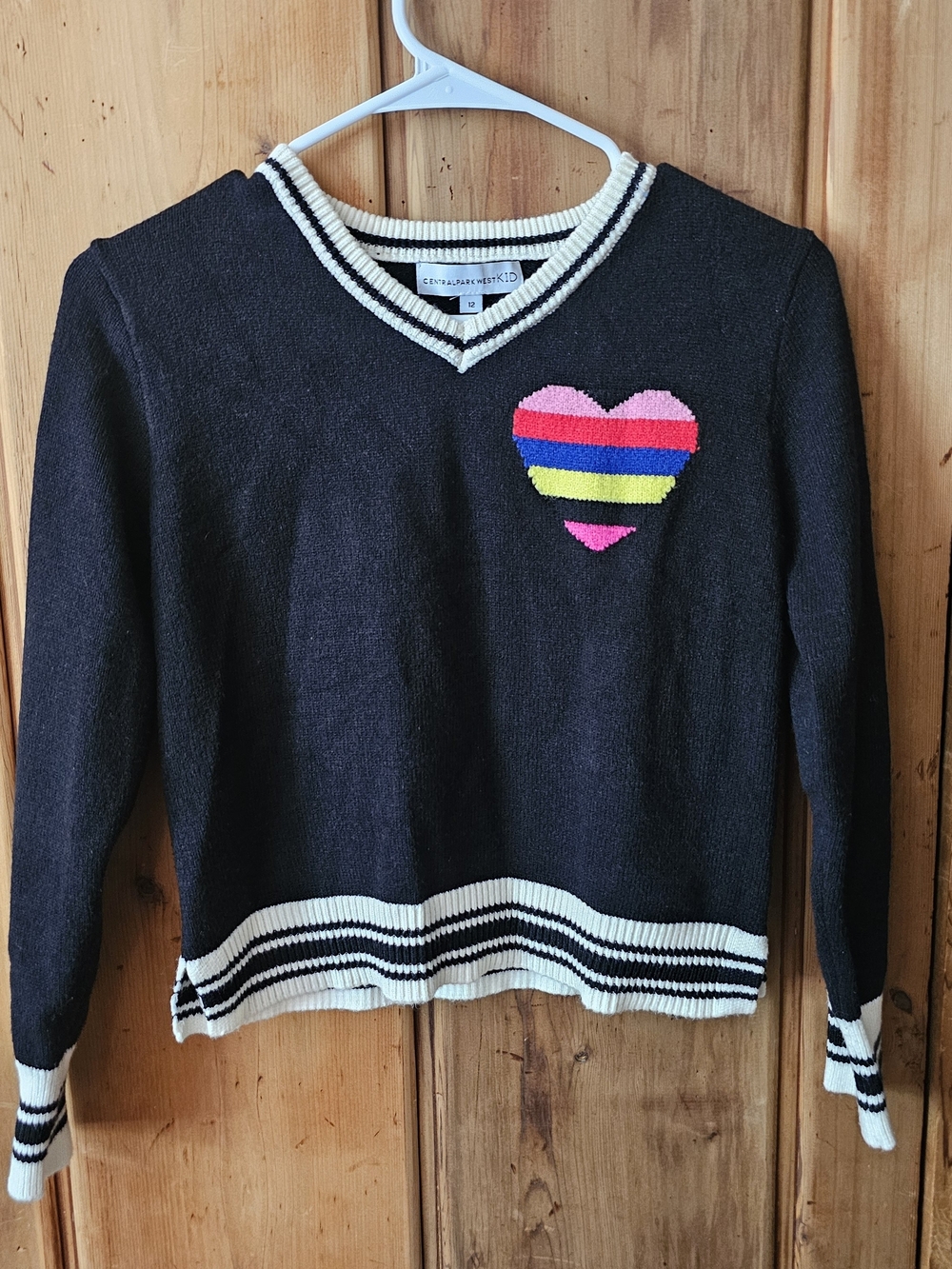 Centralpark West Kid Black V-Neck Sweater with Rainbow Heart - Size 12